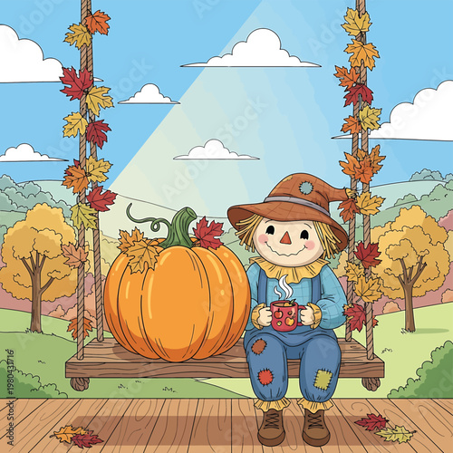 Scarecrow sitting with a pumpkin.