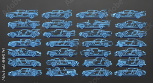 Collection of blue sports car outlines arranged in rows.