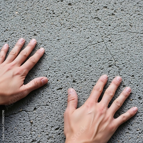 Two Hands Touching a Rough Grey Concrete Wall with Cracks