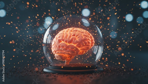 Glowing human brain in protective glass dome. Futuristic lab setting with sparks and bright lights. Concept for AI, science, and medical innovation. Futuristic Brain & AI Technology