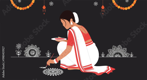 An Indian woman in a white and red saree creating a traditional rangoli design on a dark floor, surrounded by festive decorations.
