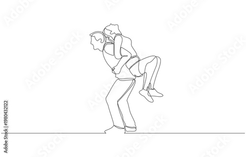 Continuous one line of joyful man lifting girlfriend on back, playful couple concept, single line art