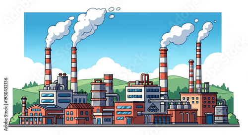 Industrial Factory Buildings Emitting Smoke Into The Sky.