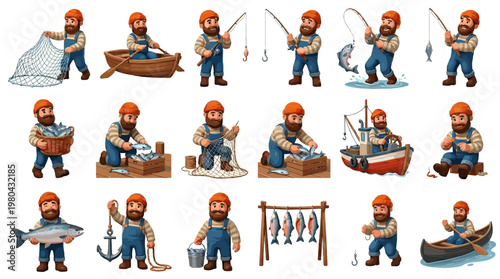 Fisherman character set with boat, rod, fish catch, tackle box and angling activities in flat vector illustration isolated on white