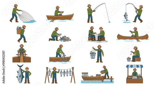 Fishing activity character set with fisherman casting net, rowing boat, catching fish and handling tackle in flat vector illustration isolated on white
