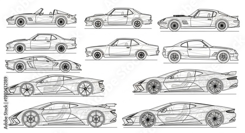 Collection of Sports Car Line Drawings.