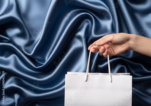 Woman Hand Holding White Shopping Bag on Luxury Blue Silk Background