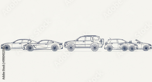 Collection of Car Sketches in a Row.