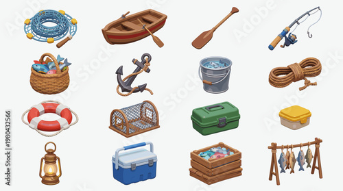 Fishing equipment vector set with boat, net, anchor, rod, bucket, lantern, cooler and tackle accessories isolated on white