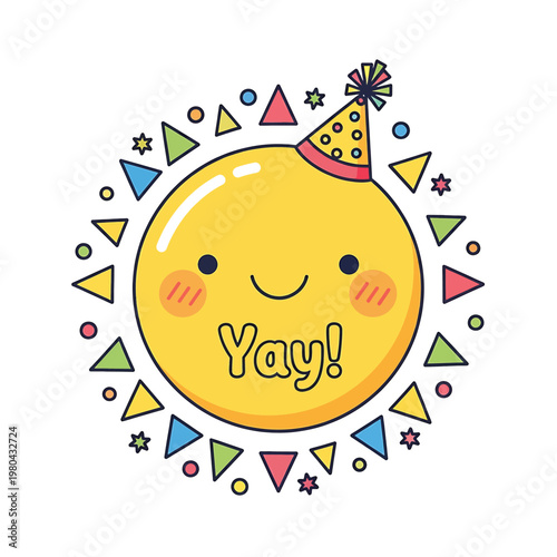 Smiling Yellow Emoji Wearing Party Hat.