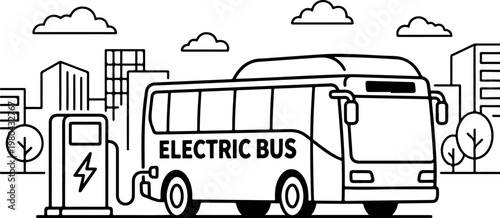 Electric bus charging at station in urban environment with modern cityscape and sustainable energy