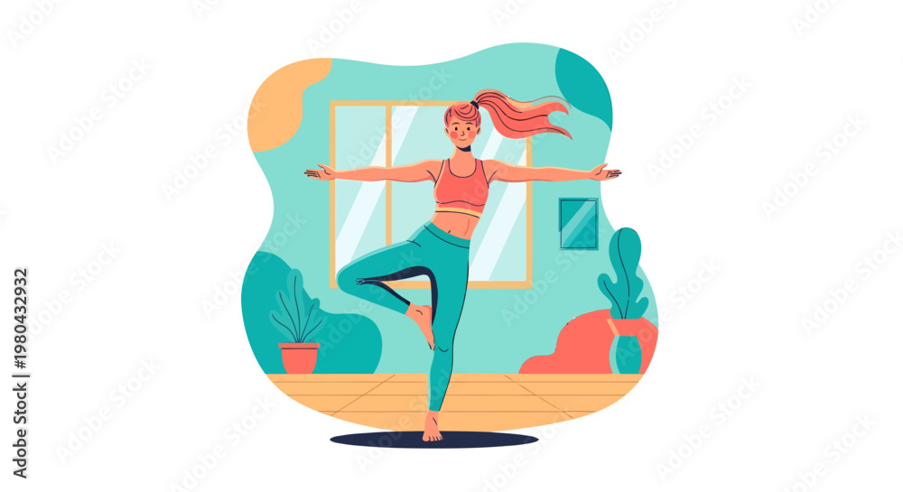 Fototapeta premium Woman practices yoga in a serene home environment with plants and a peaceful atmosphere