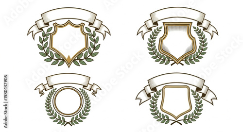 Four Vintage Heraldic Shields with Banners and Laurel Wreaths.