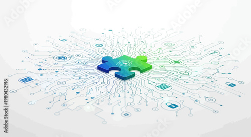 Puzzle pieces coming together on circuit board background