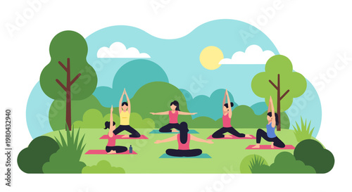 People practice yoga in a serene outdoor park setting at sunrise with trees and bushes around them 