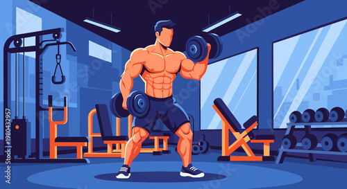 A muscular man lifting dumbbells in a modern gym with exercise equipment and large windows