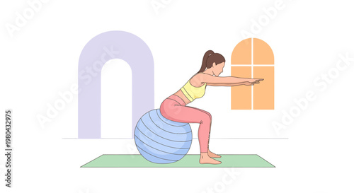 Woman doing exercise on fitness ball in front of window at home interior