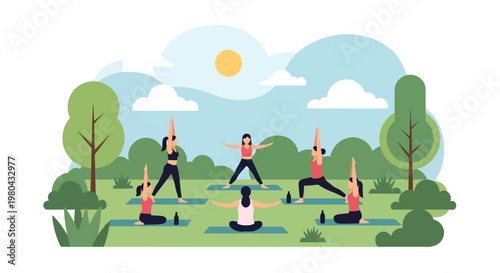 People practicing yoga outdoors in a park on sunny day with trees