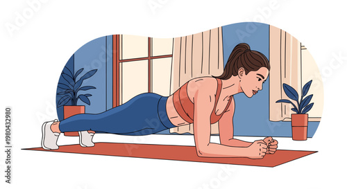 Woman in athletic wear performing a plank exercise on a mat at home with plants nearby 