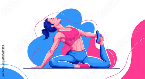 Woman in pink sports bra stretching on floor with blue background