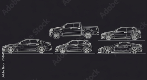 Collection of White Car Silhouettes on Black Background.