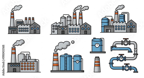 Industrial Factory Buildings and Equipment Set.