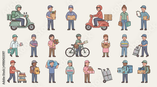 Delivery and service worker character set with couriers, shoppers, scooter riders and customers in flat vector illustration isolated on white