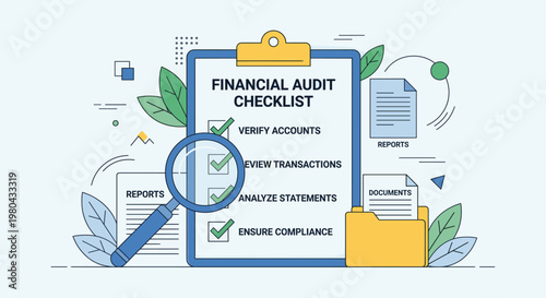 A financial audit checklist on a clipboard with a magnifying glass examining documents and ensuring compliance in a business environment from a close-up viewpoint.