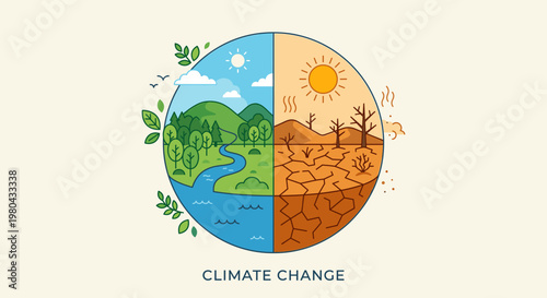 Illustration shows climate change effects on environment with nature, drought, water, land, and sun