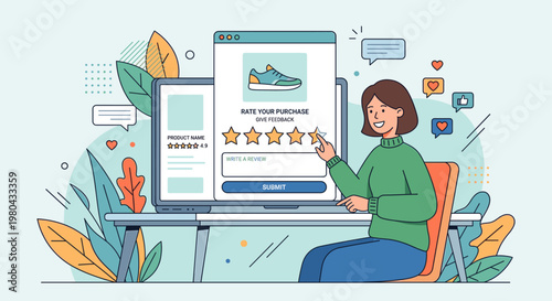 A woman reviews on a computer with ratings and product images.