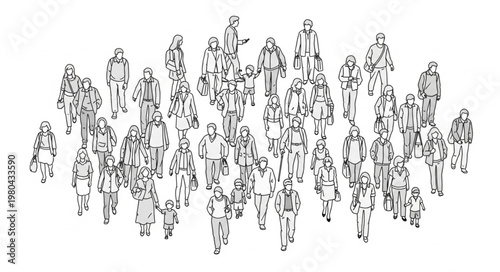 Crowd of people illustration top view sketch.