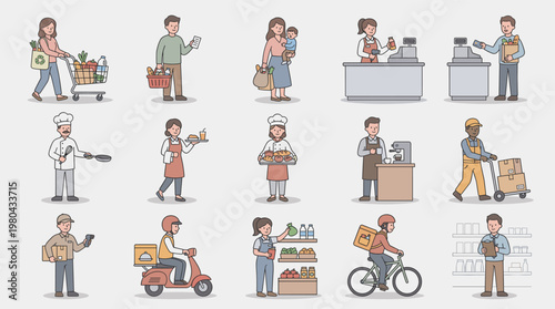 Supermarket customer and delivery worker character set with shoppers, cashier, courier, scooter rider and grocery store service scenes in flat vector style
