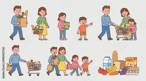 Family grocery shopping character set with parents and children carrying food, pushing carts and buying fresh products in flat vector illustration