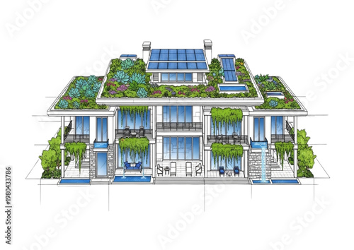 Modern Eco-Friendly House Design with Green Roof and Solar Panels