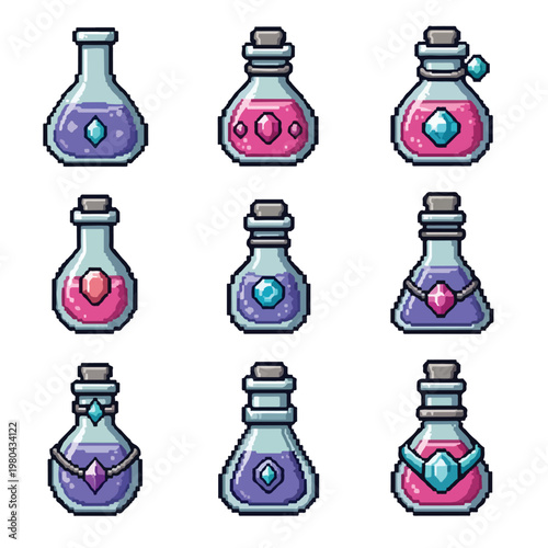 A collection of nine pixel-art magic potion bottles featuring vibrant pink and purple liquids adorned with sparkling gemstones and cork stoppers.