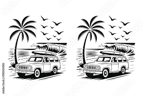 Retro black and white of surf wagon with surfboard on beach with palm trees