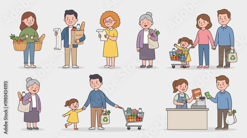 Family shopping and customer service character set with parents, children, cashier and elderly woman in supermarket flat vector illustration