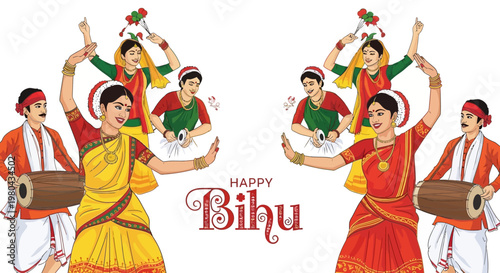 Illustrations of a vibrant Rongali Bihu festival celebration, showcasing dancers in traditional Assamese dress and musicians with drums, set against a clean white background, capturing