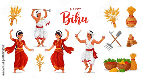 Against a clean white backdrop, a vibrant vector illustration showcases the spirit of the Rongali Bihu festival with dancing figures in traditional Assamese dress and harvest icons