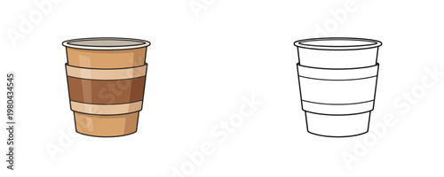 Cubic coffee espresso knock box colored illustration and black line art objects represent professional barista equipment for grounds disposal on a white background