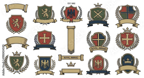 Collection of heraldic crests and emblems with banners.