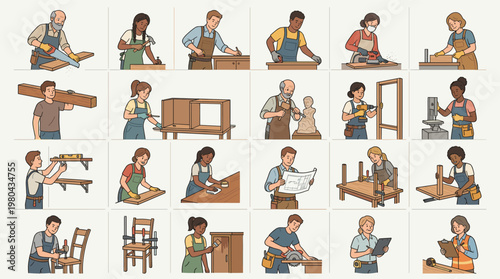 Carpenter and woodworking character set with people sawing, measuring, assembling furniture and working with tools in flat vector illustration