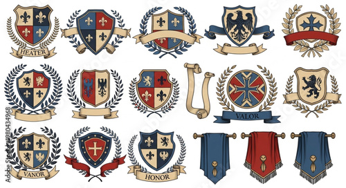 Collection of heraldic crests and coats of arms with banners.