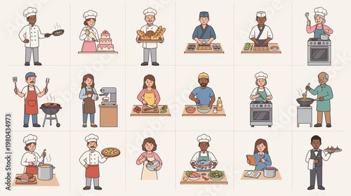 Chef and cooking profession character set with bakers, waiters and kitchen workers preparing food in cute flat vector illustration