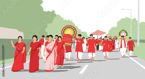 A vibrant cultural procession with men and women in traditional red and white attire walking on a road, carrying festive items.