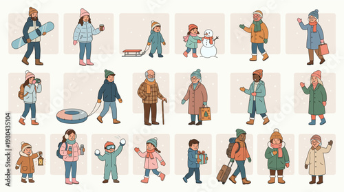 Winter people character collection with adults in coats, scarves and hats walking, shopping and enjoying snowy season scenes in flat vector style