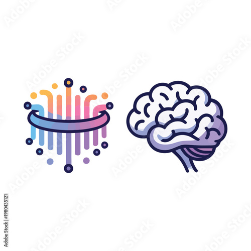 Foto Neural network icons, data science brain graphics, innovation conference poster,