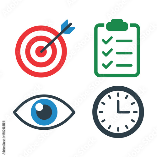 Project management icons, target bullseye checklist eye clock, strategy planning workshop, productivity seminar poster, business goals tracking, vector illustration set