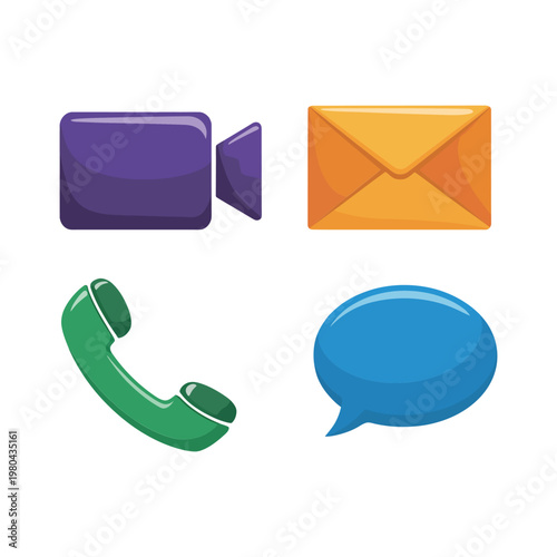 Communication tools icons, video message email phone chat, media training workshop, customer support session, corporate communication poster, vector illustration set