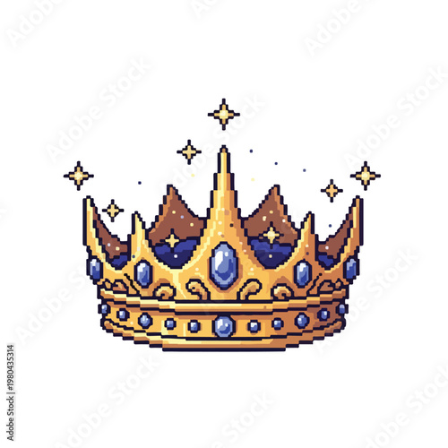 A golden pixel art crown adorned with sparkling blue gemstones and shining yellow stars, set against a clean white background.